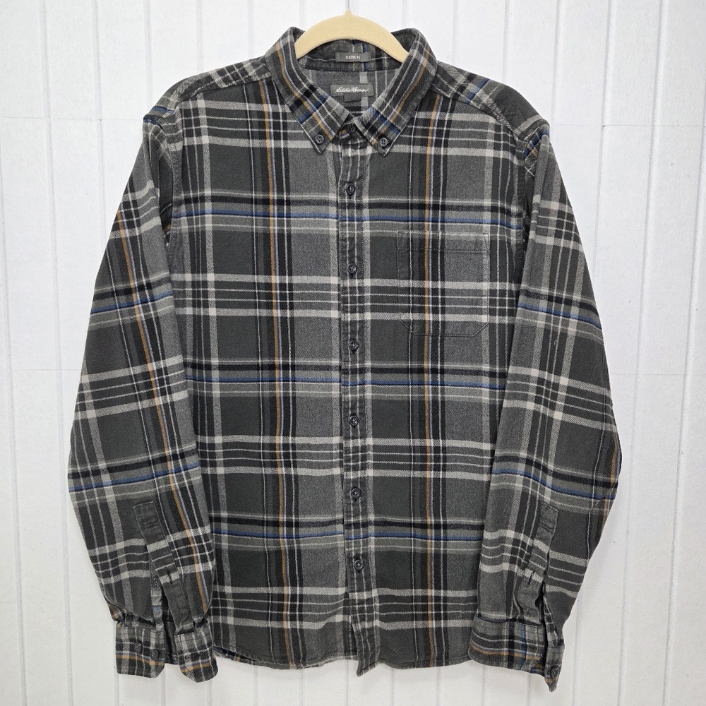 Eddie Bauer Classic Fit Charcoal Plaid Shirt with Blue and Tan‎ Stripes Size L